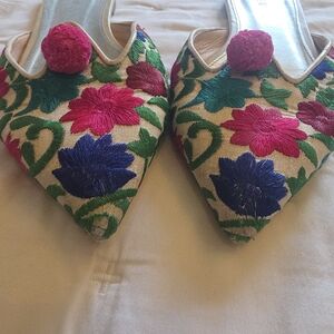 J. Crew Embroidered Floral Pointed Mules in Pink, Blue & Green